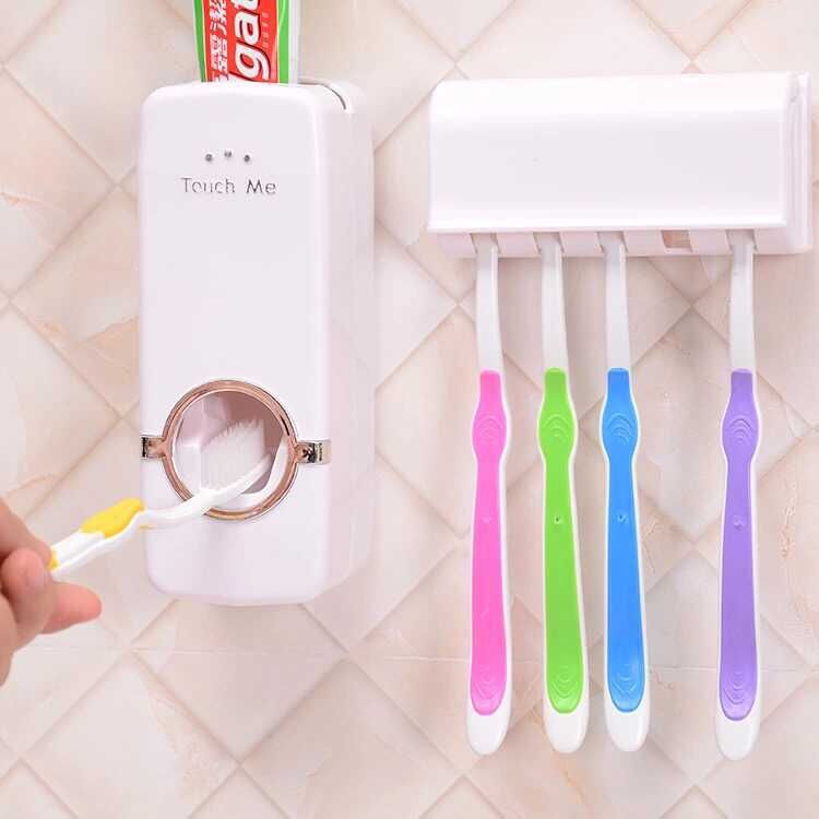 Wall Mounted Toothpaste Dispenser with 5 pcs Toothbrush Holder