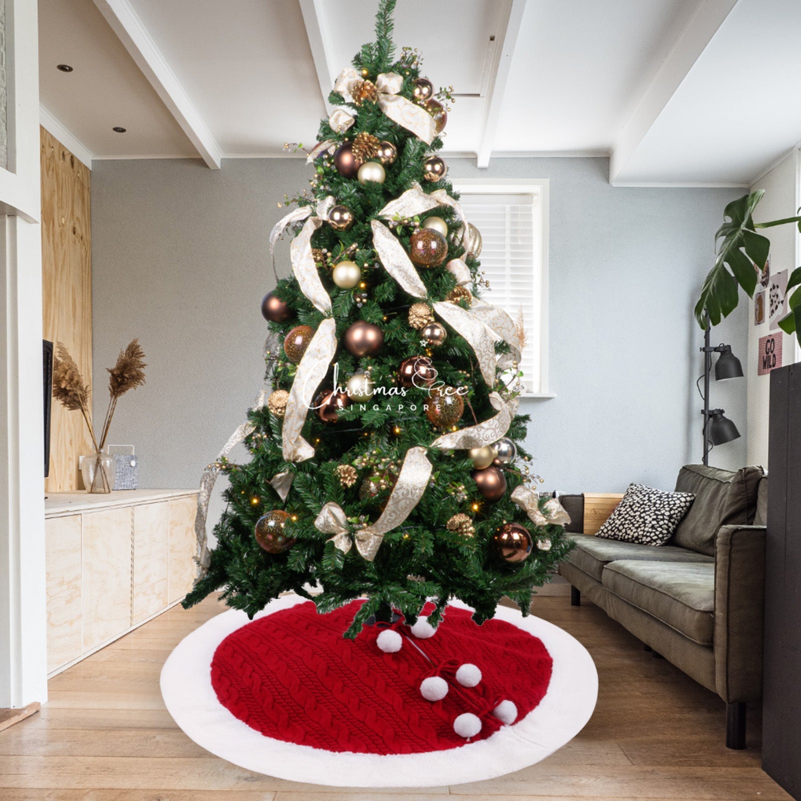 Christmas Tree Skirt White Pompon Knitted Bottom Apron Shawl
