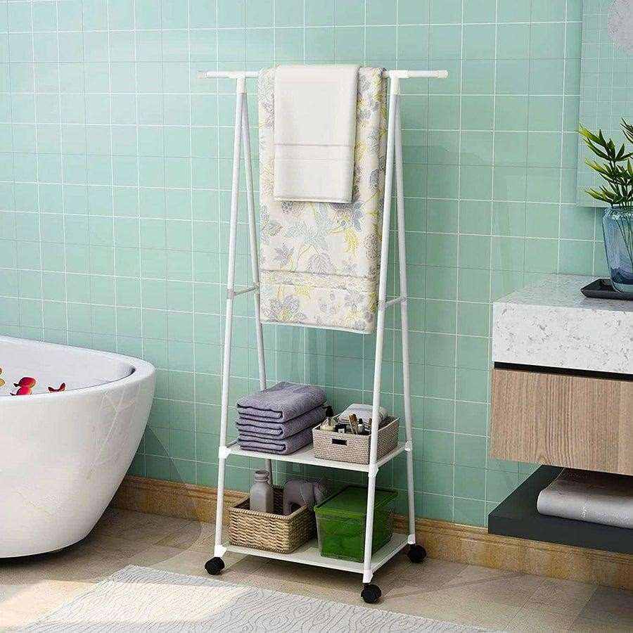 Triangle Floor Coat Rack with Wheels & Multi-Layer Storage