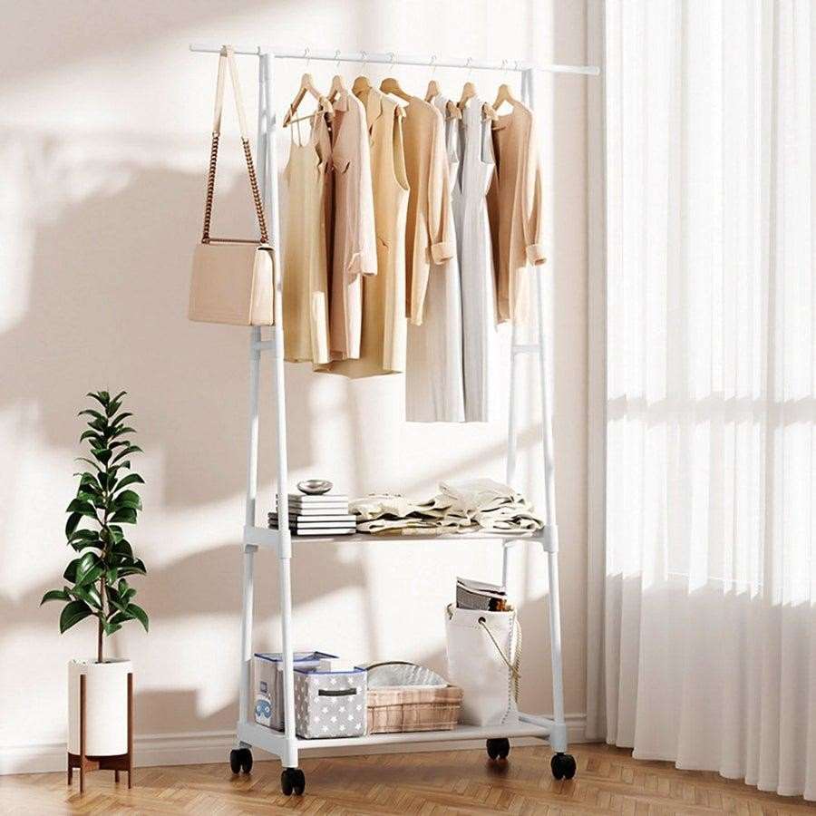 Triangle Floor Coat Rack with Wheels & Multi-Layer Storage