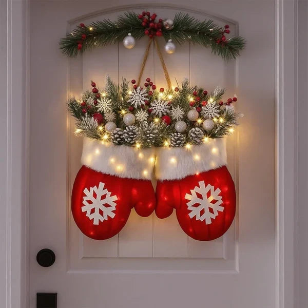 Splendas Twinkling Christmas Mitten Wreath LED Holiday Decor | Front Door & Indoor