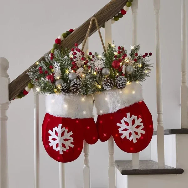 Splendas Twinkling Christmas Mitten Wreath LED Holiday Decor | Front Door & Indoor