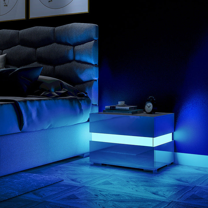 Modern Minimalist Two Drawer Side Table White RGB LED Bedside Storage