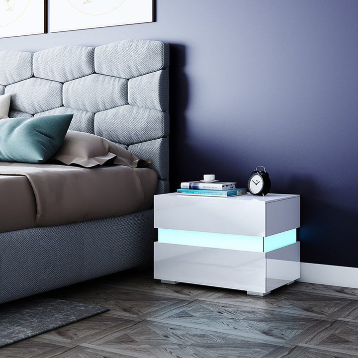 Modern Minimalist Two Drawer Side Table White RGB LED Bedside Storage
