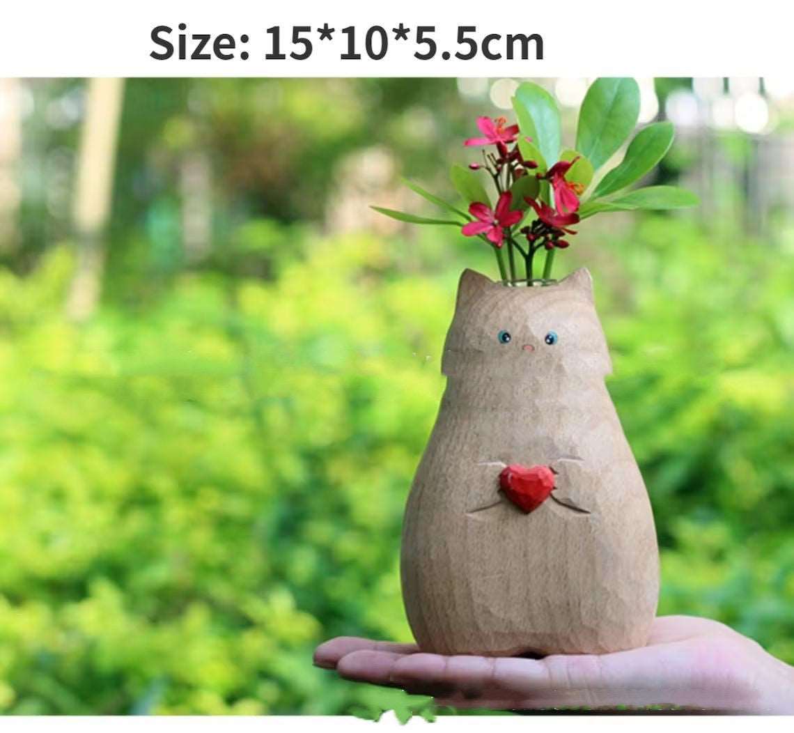 Wooden Cat Vase – Handmade Heart Design | Cute Cat Home Decor & Cat Lover Gift