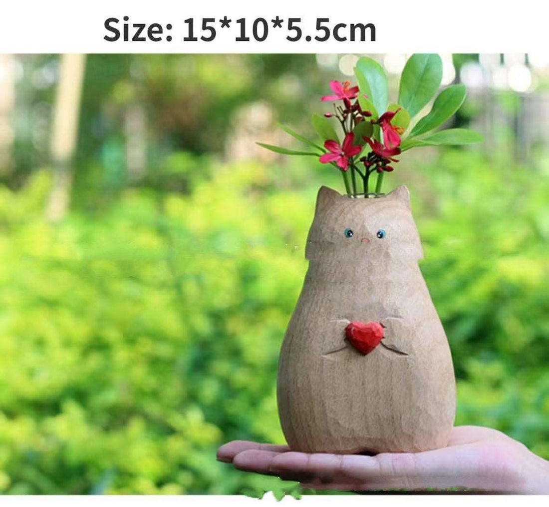 Wooden Cat Vase – Handmade Heart Design | Cute Cat Home Decor & Cat Lover Gift