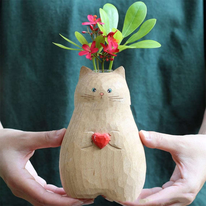 Wooden Cat Vase – Handmade Heart Design | Cute Cat Home Decor & Cat Lover Gift