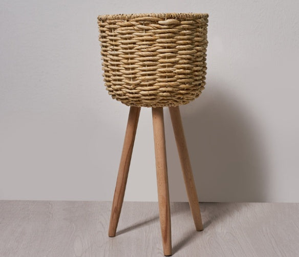 Natural Woven Straw Floor Flower Pot Rustic Indoor Standing Planter