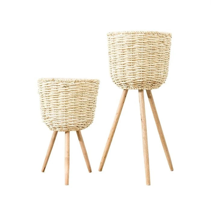 Natural Woven Straw Floor Flower Pot Rustic Indoor Standing Planter