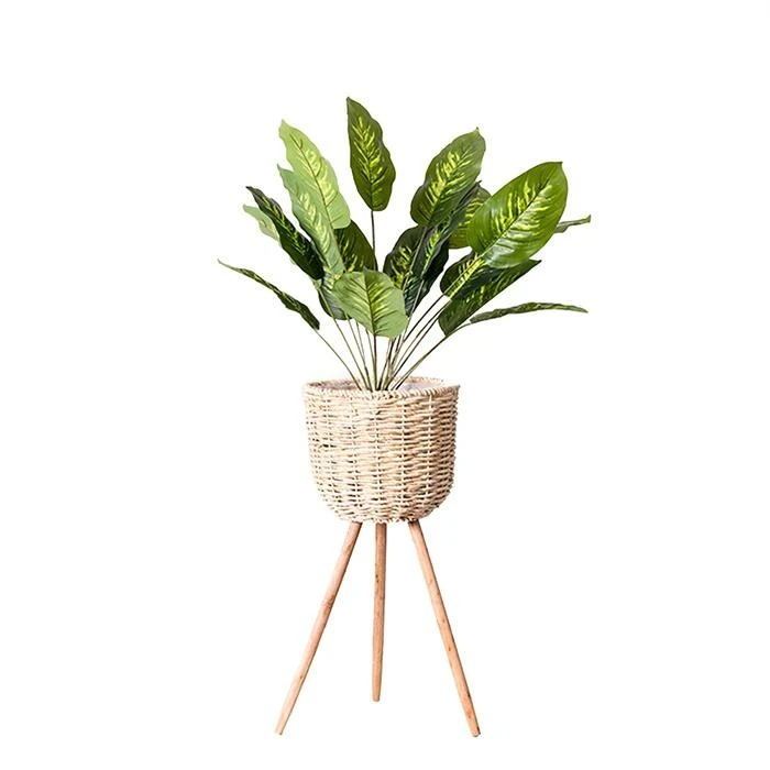 Natural Woven Straw Floor Flower Pot Rustic Indoor Standing Planter