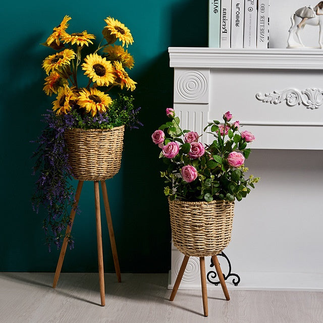 Natural Woven Straw Floor Flower Pot Rustic Indoor Standing Planter