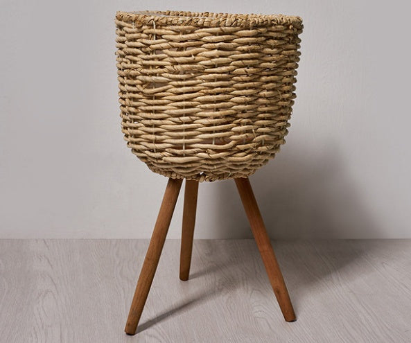 Natural Woven Straw Floor Flower Pot Rustic Indoor Standing Planter