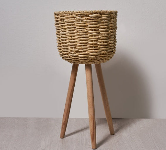 Natural Woven Straw Floor Flower Pot Rustic Indoor Standing Planter