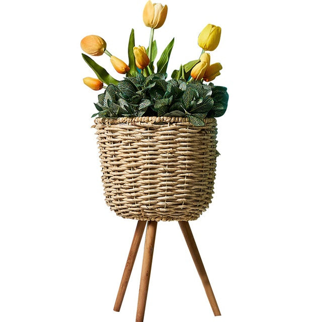 Natural Woven Straw Floor Flower Pot Rustic Indoor Standing Planter